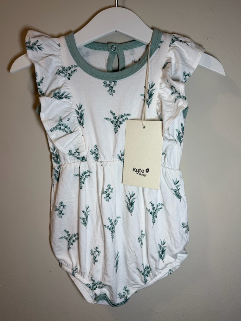 NWT Kyte BABY White Romper with Sage Trim and Floral Detail